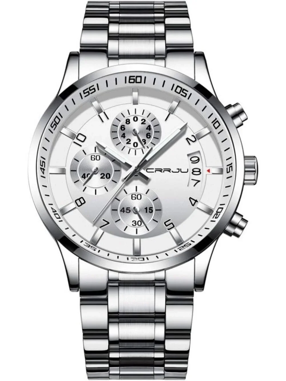 Men's Silver And White Analog Stainless Steel Waterproof Chronograph Wrist Watch